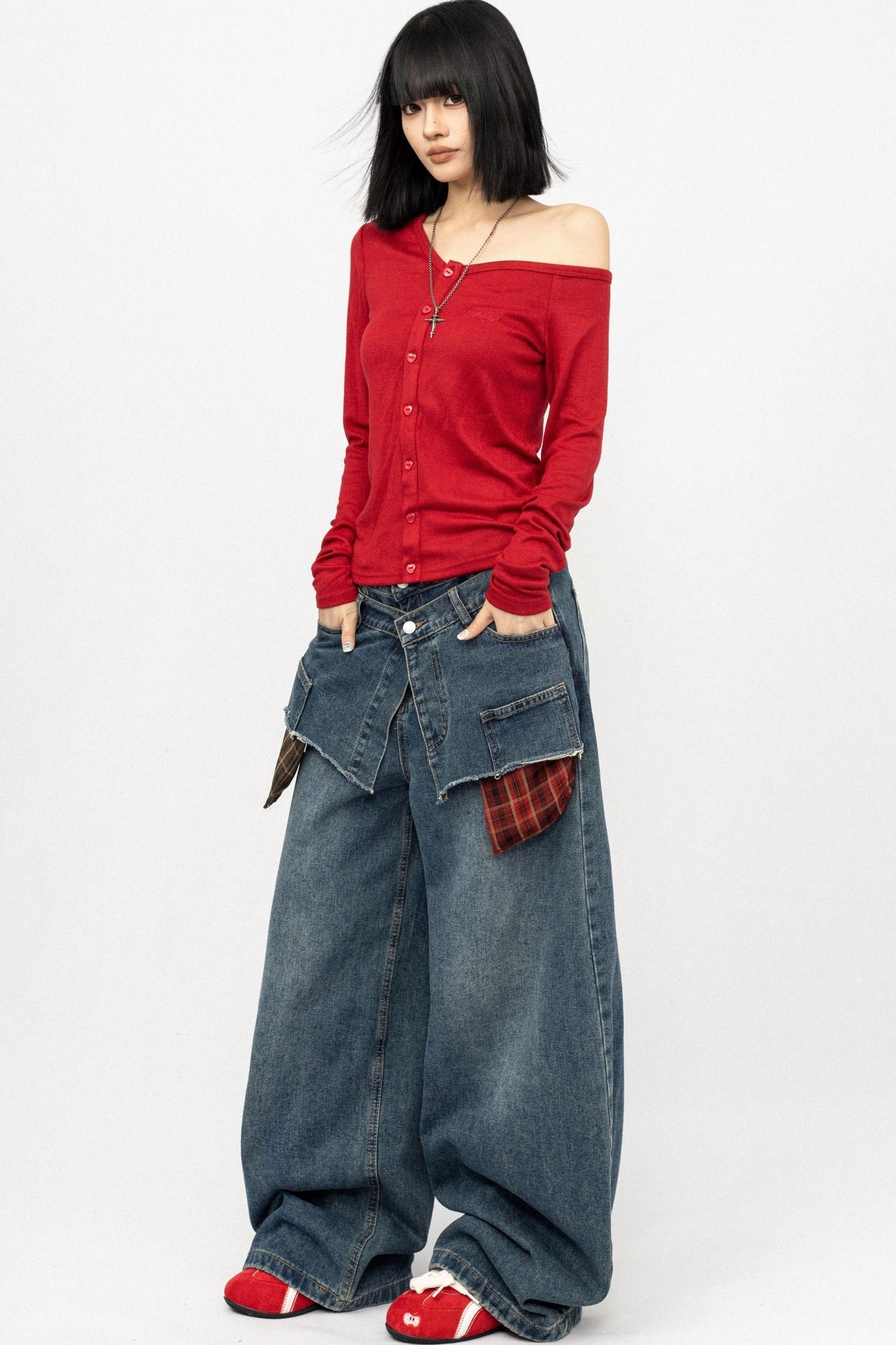 Slanted shoulder Long Sleeve Knitted Top