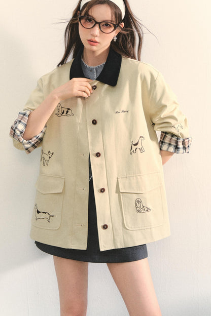 Vintage Puppy Embroidered Trench Coat