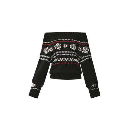 Fair Rose Jacquard One-Shoulder Sweater