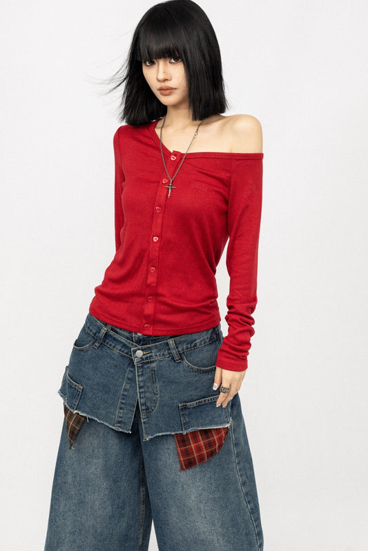 Slanted shoulder Long Sleeve Knitted Top
