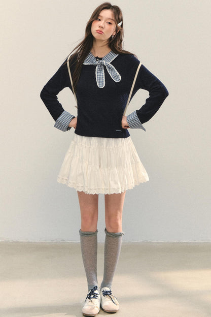 Contrast Plaid Panel Knit Sweater