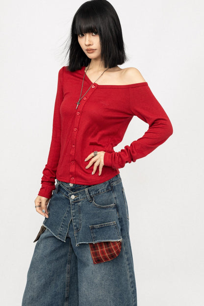 Slanted shoulder Long Sleeve Knitted Top