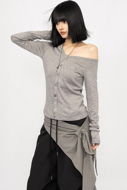 Slanted shoulder Long Sleeve Knitted Top