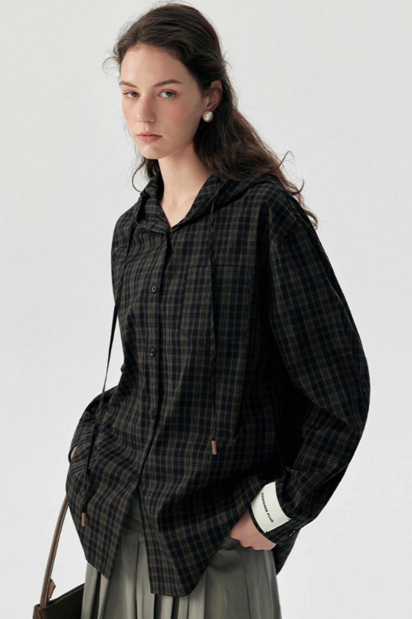 Contrast Check Hooded Shirt