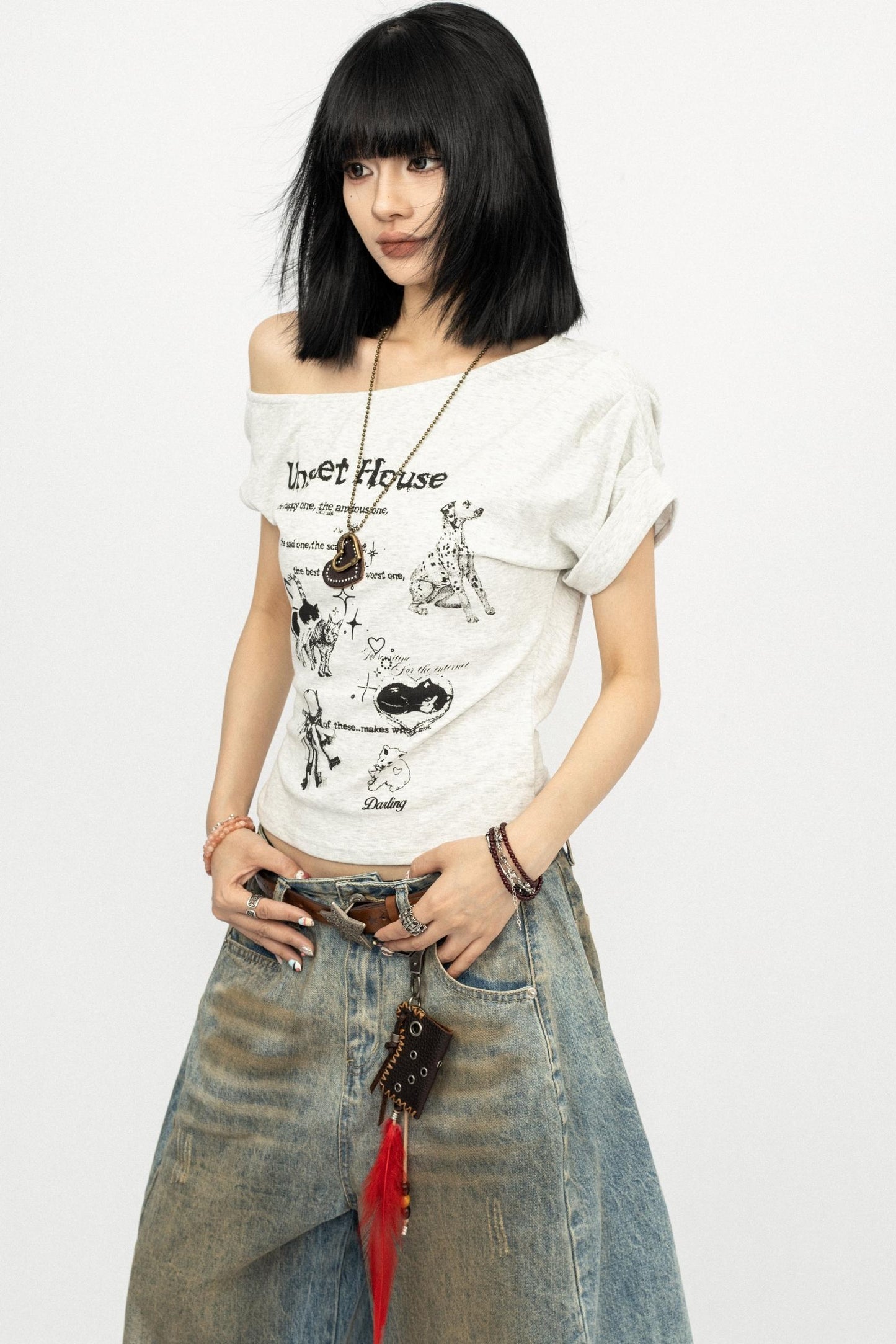 Retro Slanted Shoulders Short Sleeve Top