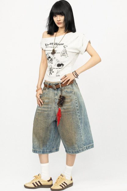 Retro Slanted Shoulders Short Sleeve Top