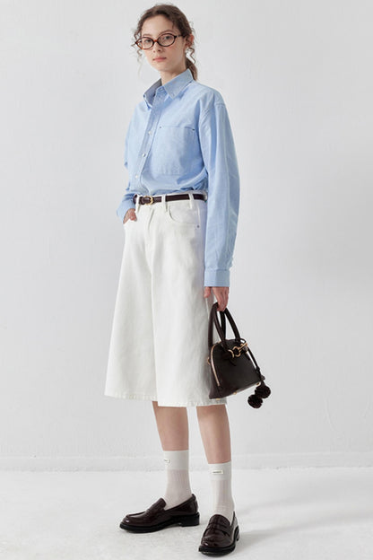 Washed Denim Wide-Leg Crop Pants