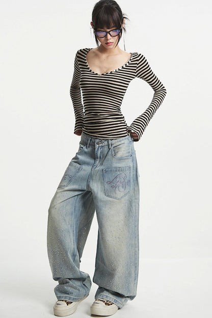 Striped V-Neck Sleeve T-Shirt