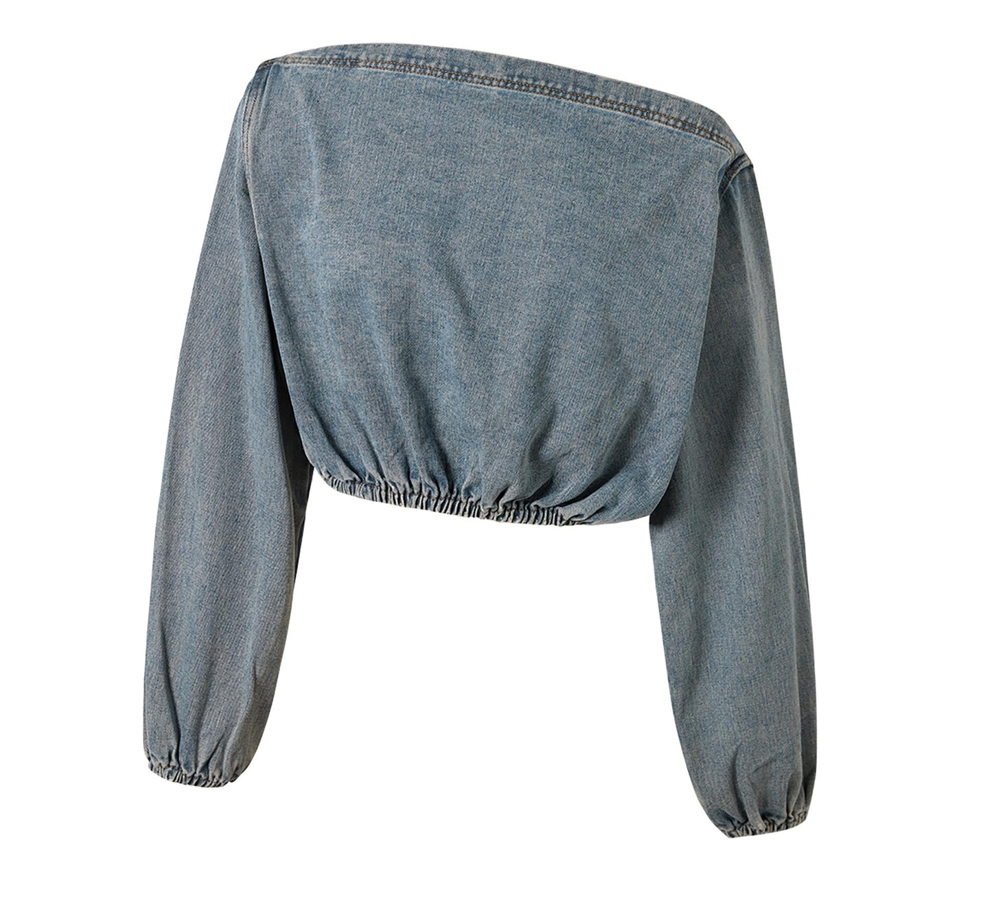 Asymmetrical Puff Sleeve Denim Pants Set