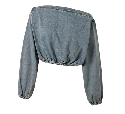 Asymmetrical Puff Sleeve Denim Pants Set