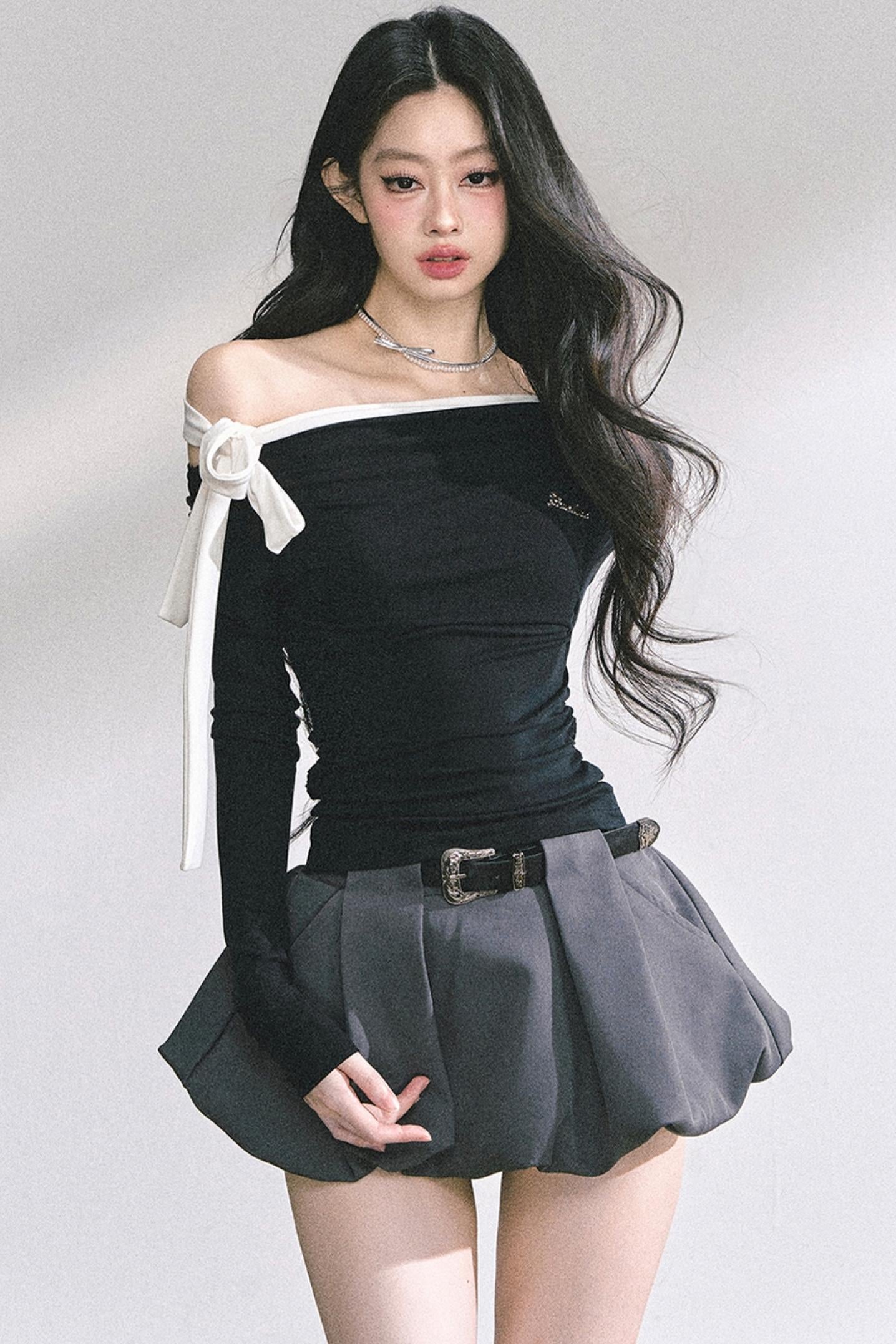 Swirl Waist Slimming Black Top