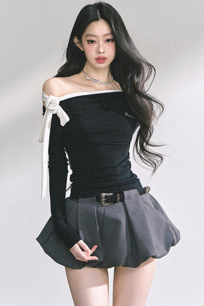 Swirl Waist Slimming Black Top