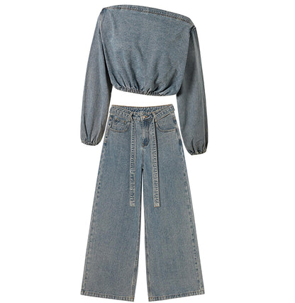 Asymmetrical Puff Sleeve Denim Pants Set