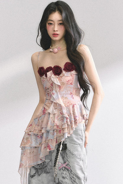 Asymmetrical Floral Slimming T-Shirt