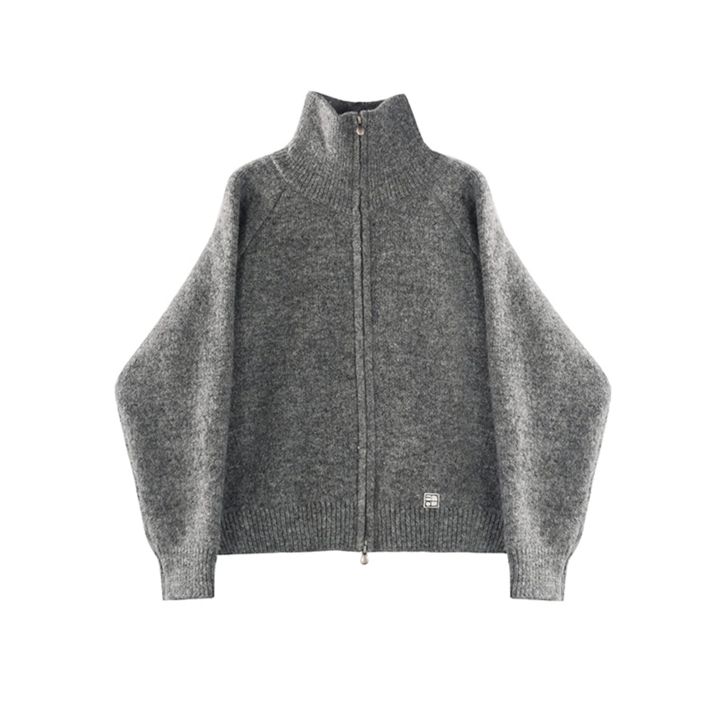 Gray Double Zipper Stand Collar Cardigan