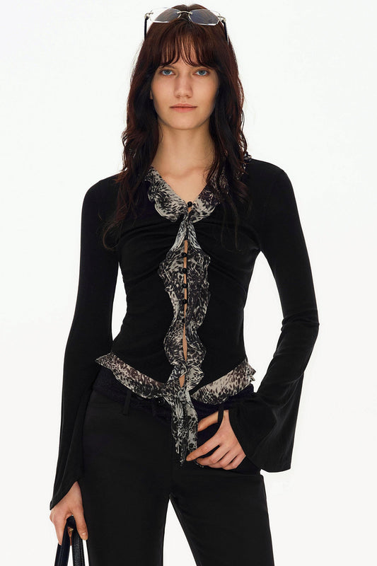 Lyocell Wool Leopard Bell-Sleeve Blouse