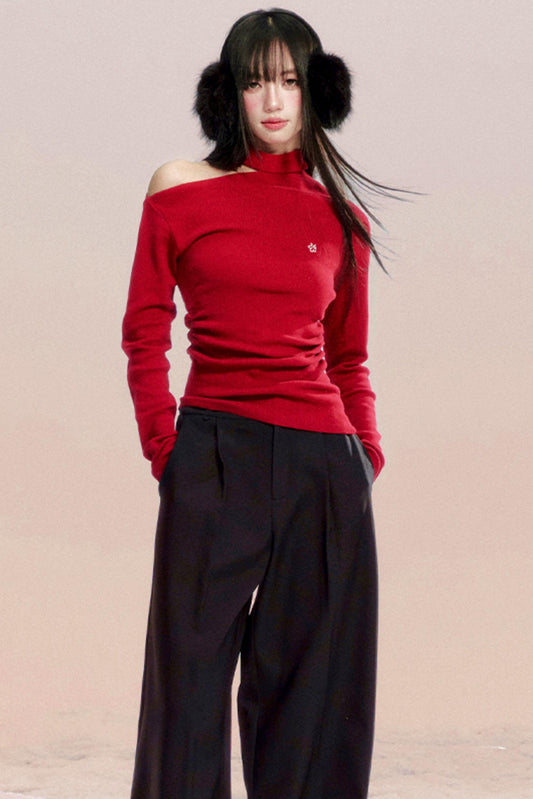 Red Off-Shoulder Knit Top