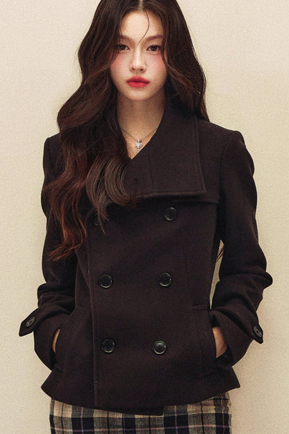 Double-Breasted Woolen Coat And Plaid Skirt Set-Up