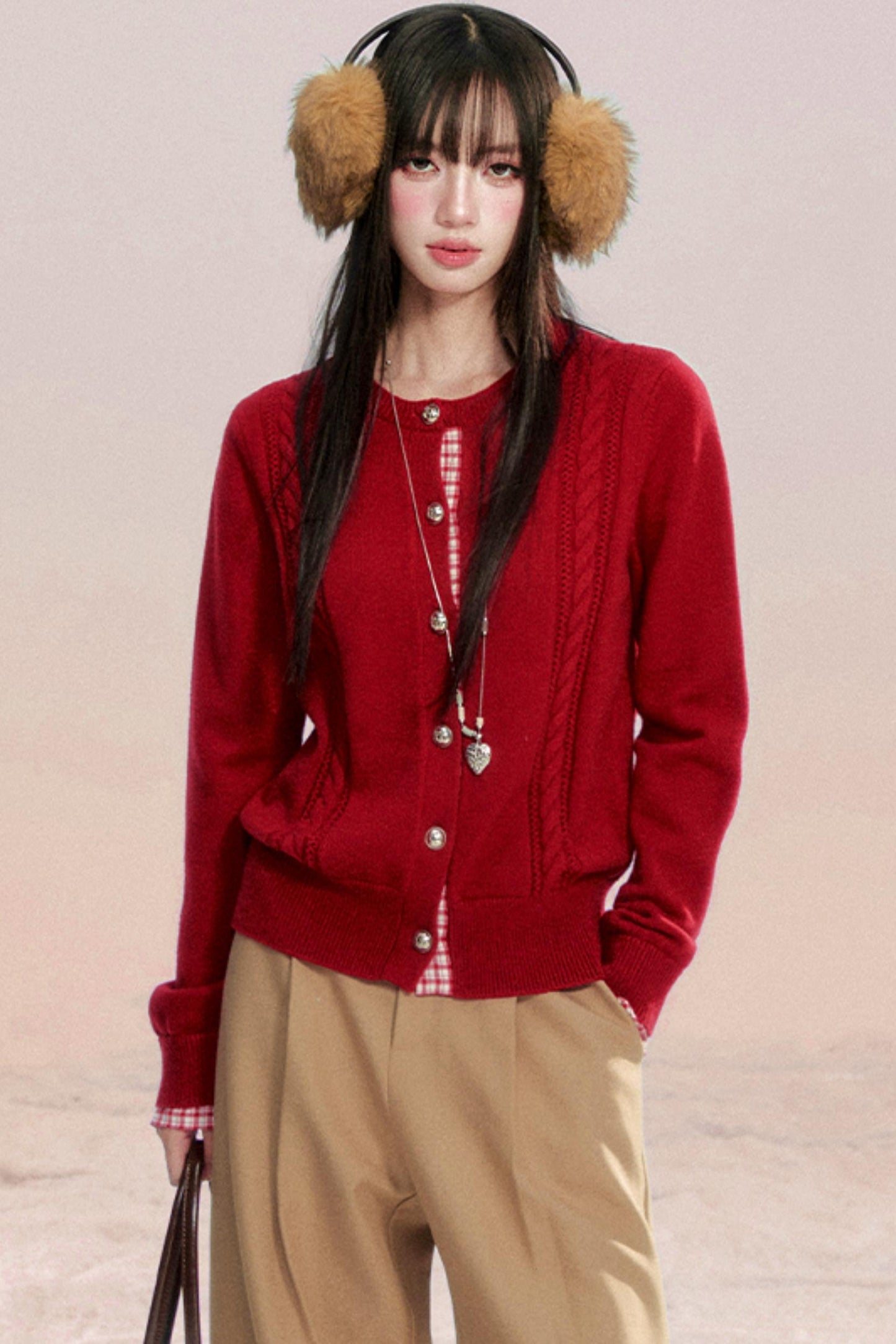 Red Patchwork Knit Cardigan