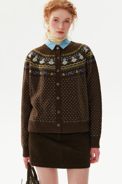 Snowman Jacquard Wool Cardigan