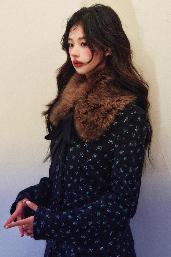 Black Floral Pleated Jacket Skirt Set-Up