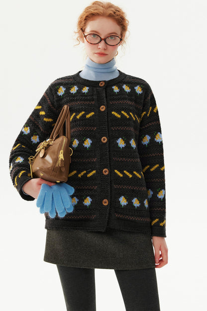 Daisy Contrast Jacquard Sweater Cardigan