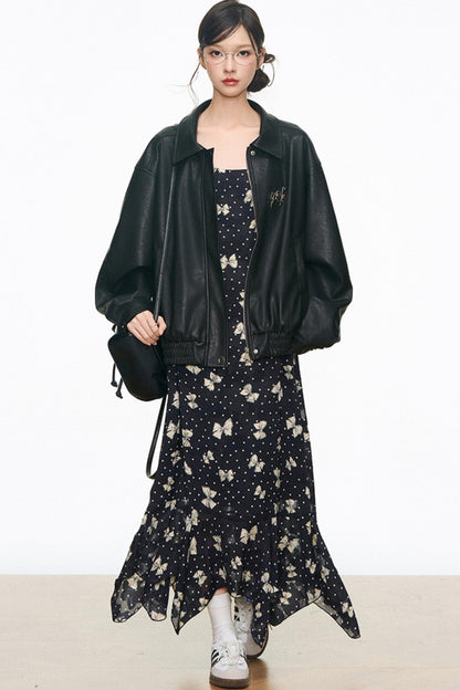 Black Leather Jacket & Butterfly Slip Dress Set-Up