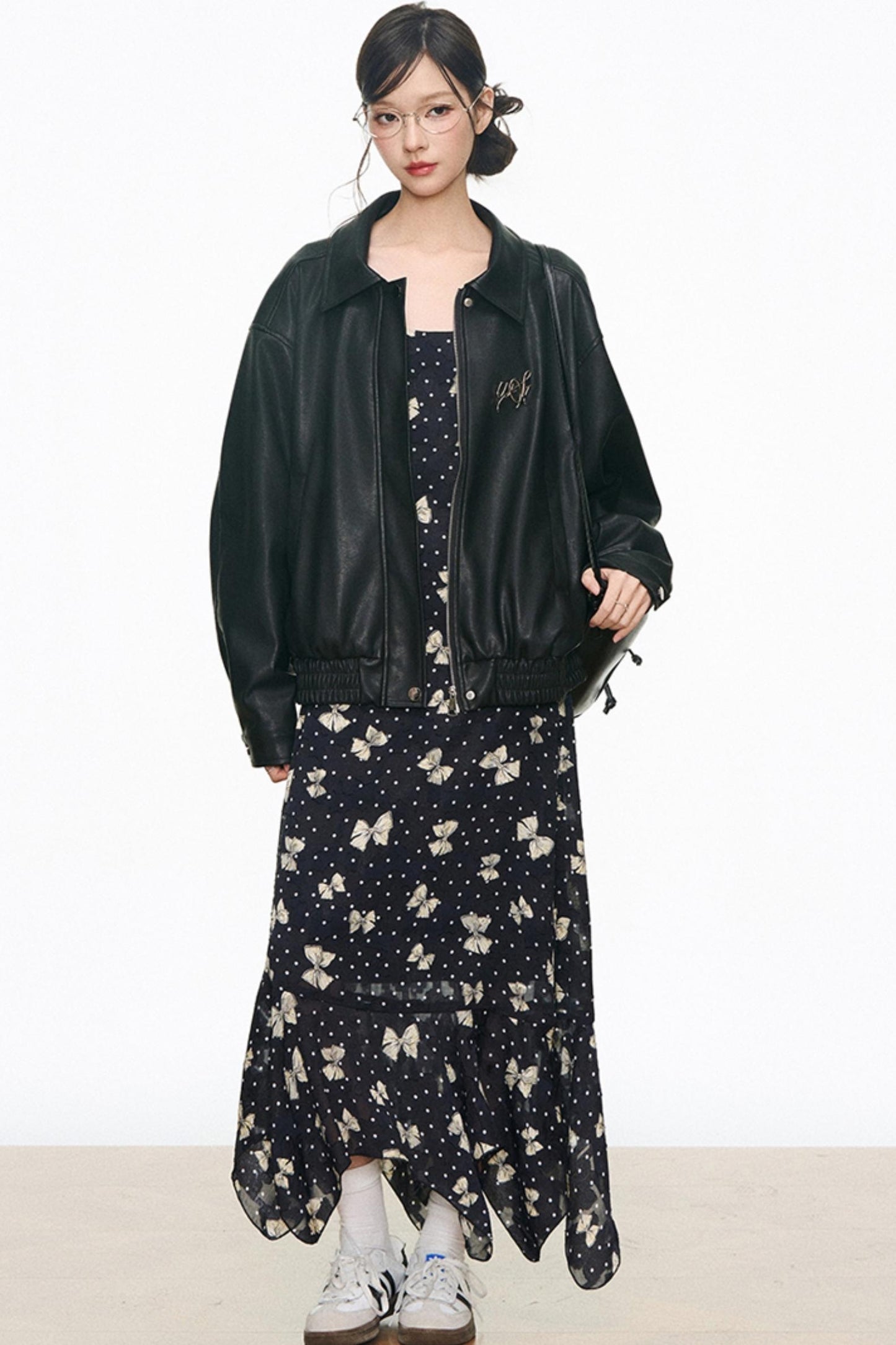 Black Leather Jacket & Butterfly Slip Dress Set-Up