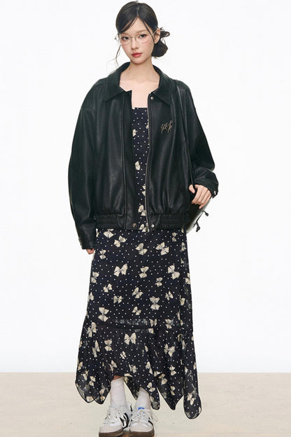 Black Leather Jacket & Butterfly Slip Dress Set-Up