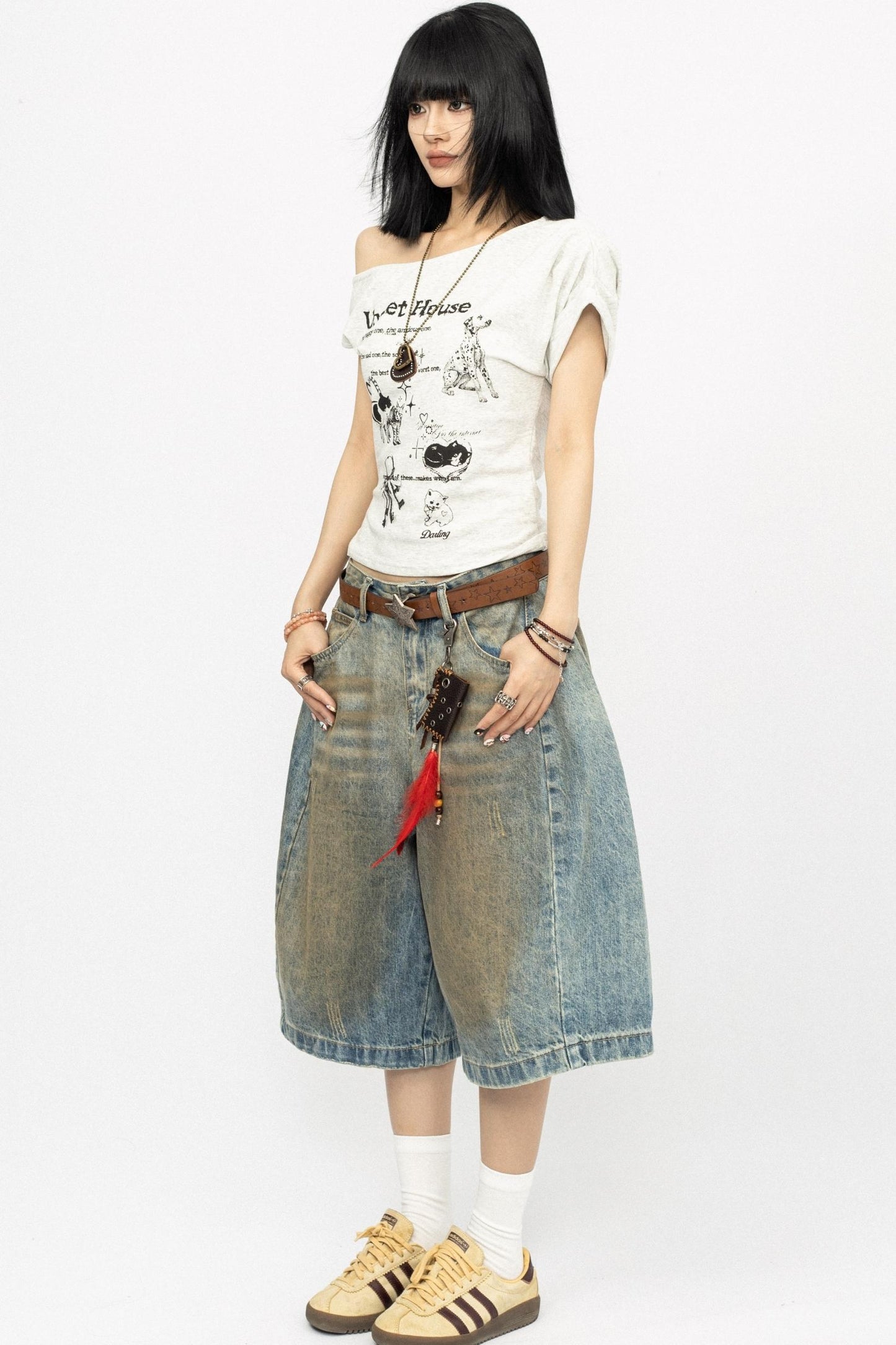 Retro Slanted Shoulders Short Sleeve Top