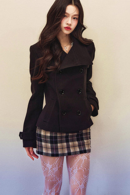 Double-Breasted Woolen Coat And Plaid Skirt Set-Up