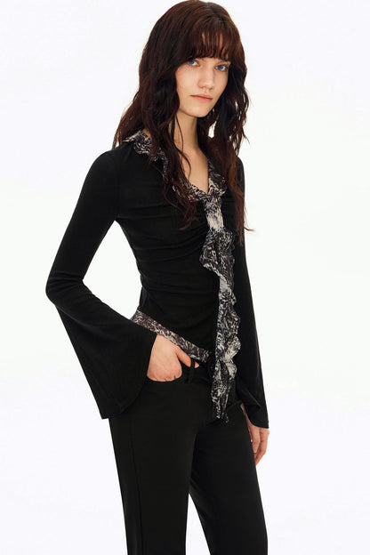 Lyocell Wool Leopard Bell-Sleeve Blouse