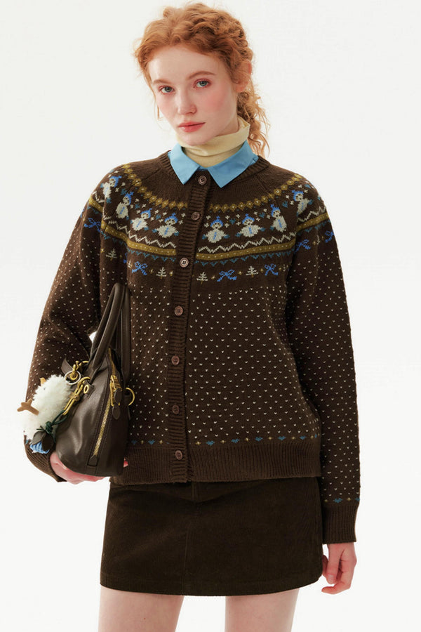 Snowman Jacquard Wool Cardigan