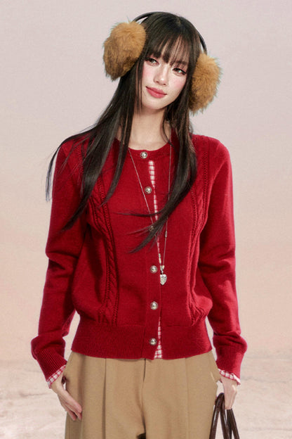 Red Patchwork Knit Cardigan