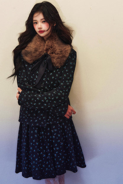 Black Floral Pleated Jacket Skirt Set-Up