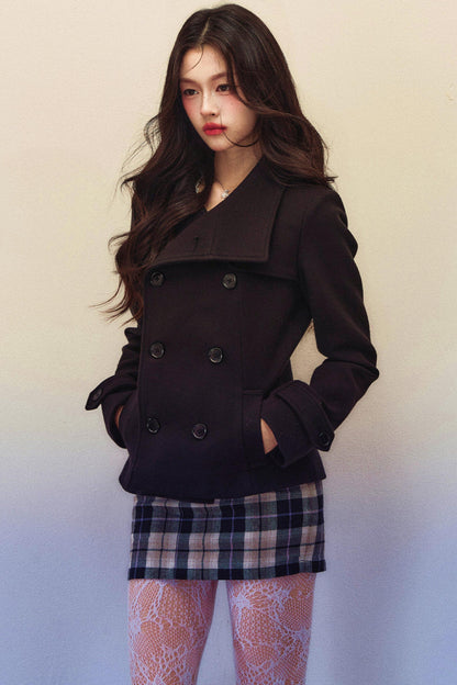 Double-Breasted Woolen Coat And Plaid Skirt Set-Up