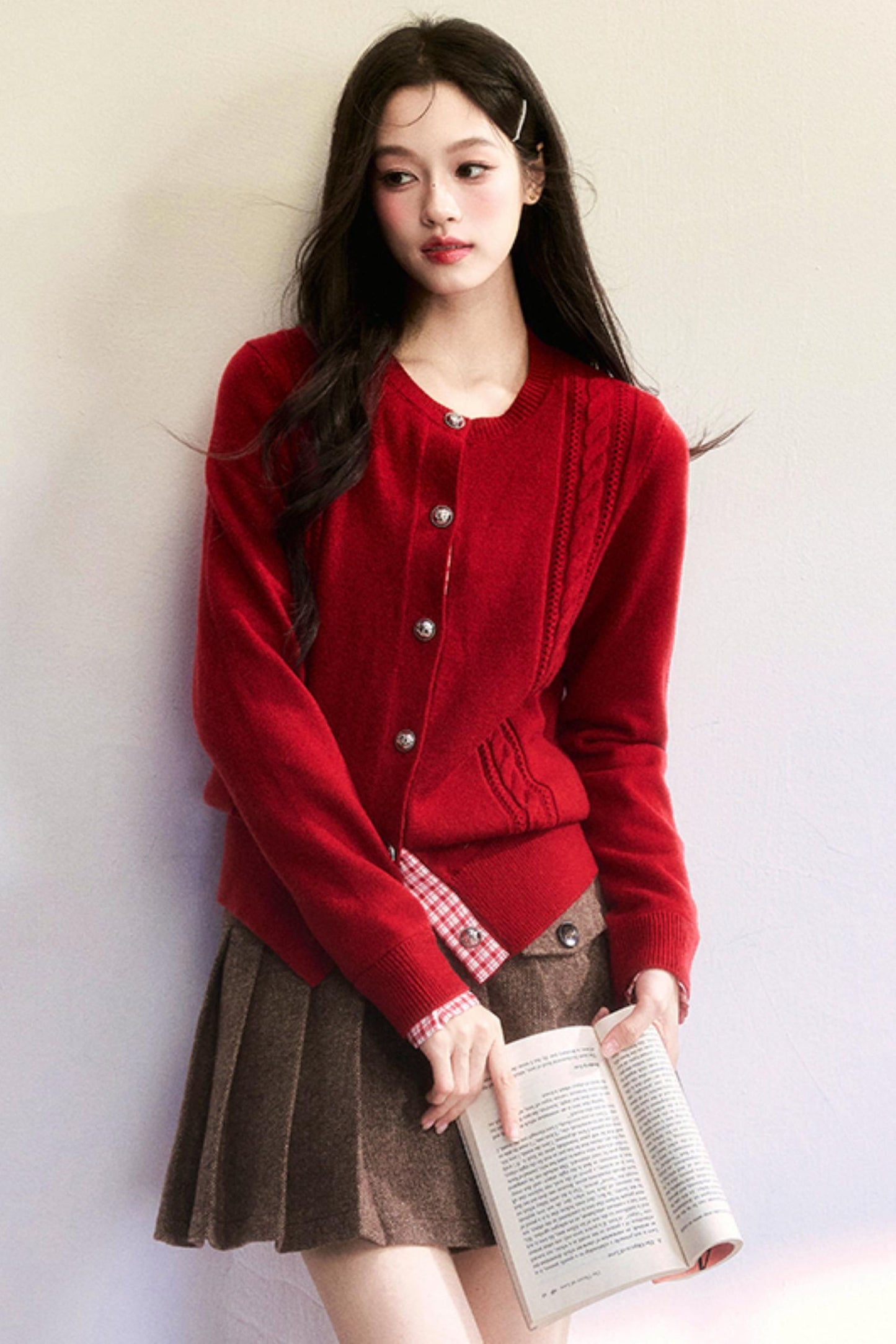 Red Patchwork Knit Cardigan