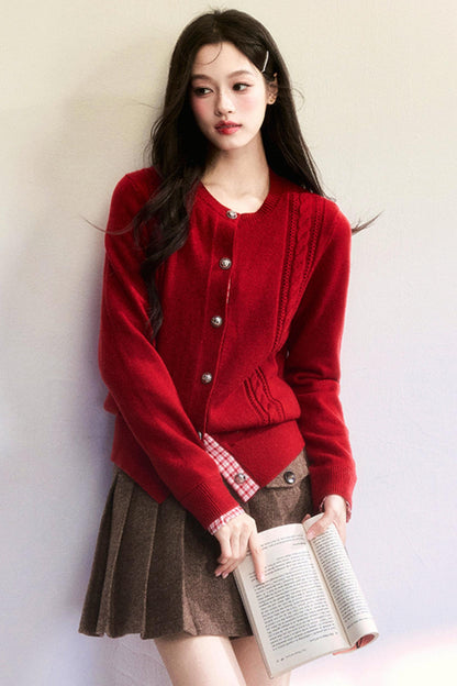 Red Patchwork Knit Cardigan
