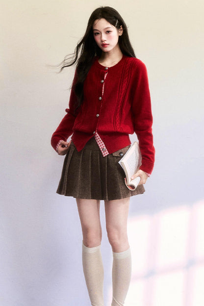 Red Patchwork Knit Cardigan