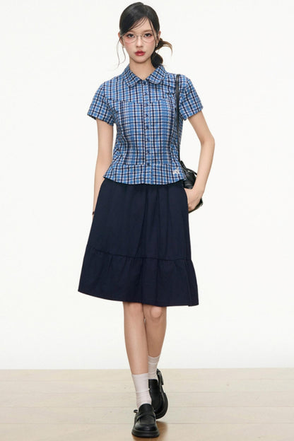 Checked Navy Skirt Shirt Set-Up