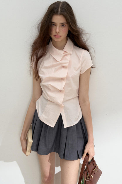 Pink Ruffled Lace Short Sleeves Blouse