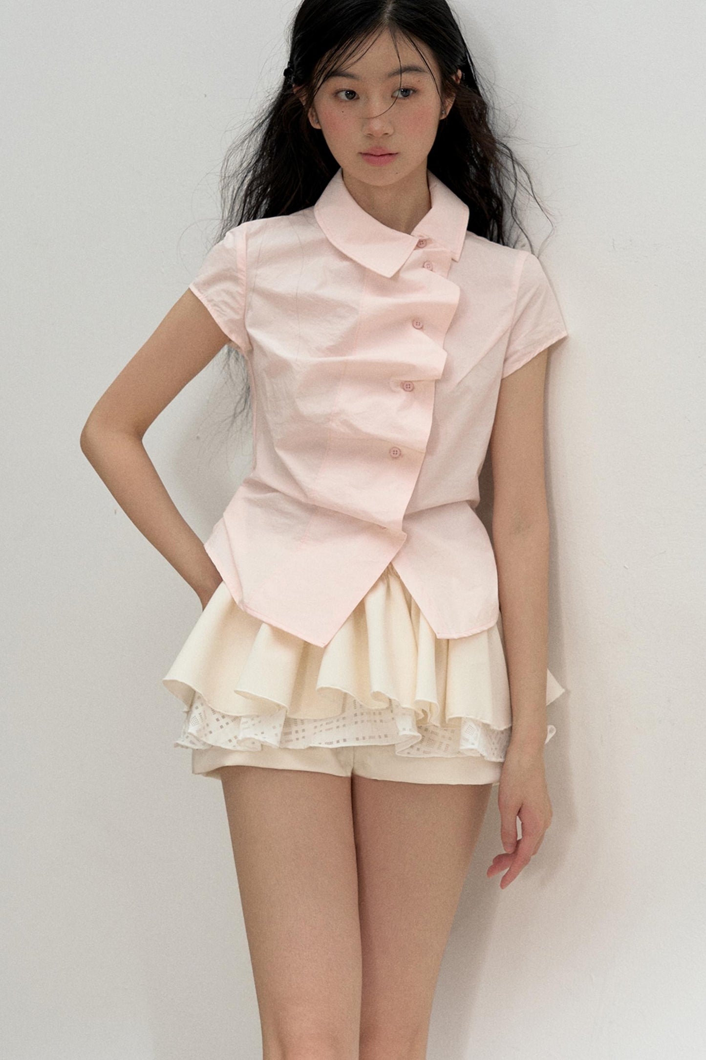 Pink Ruffled Lace Short Sleeves Blouse