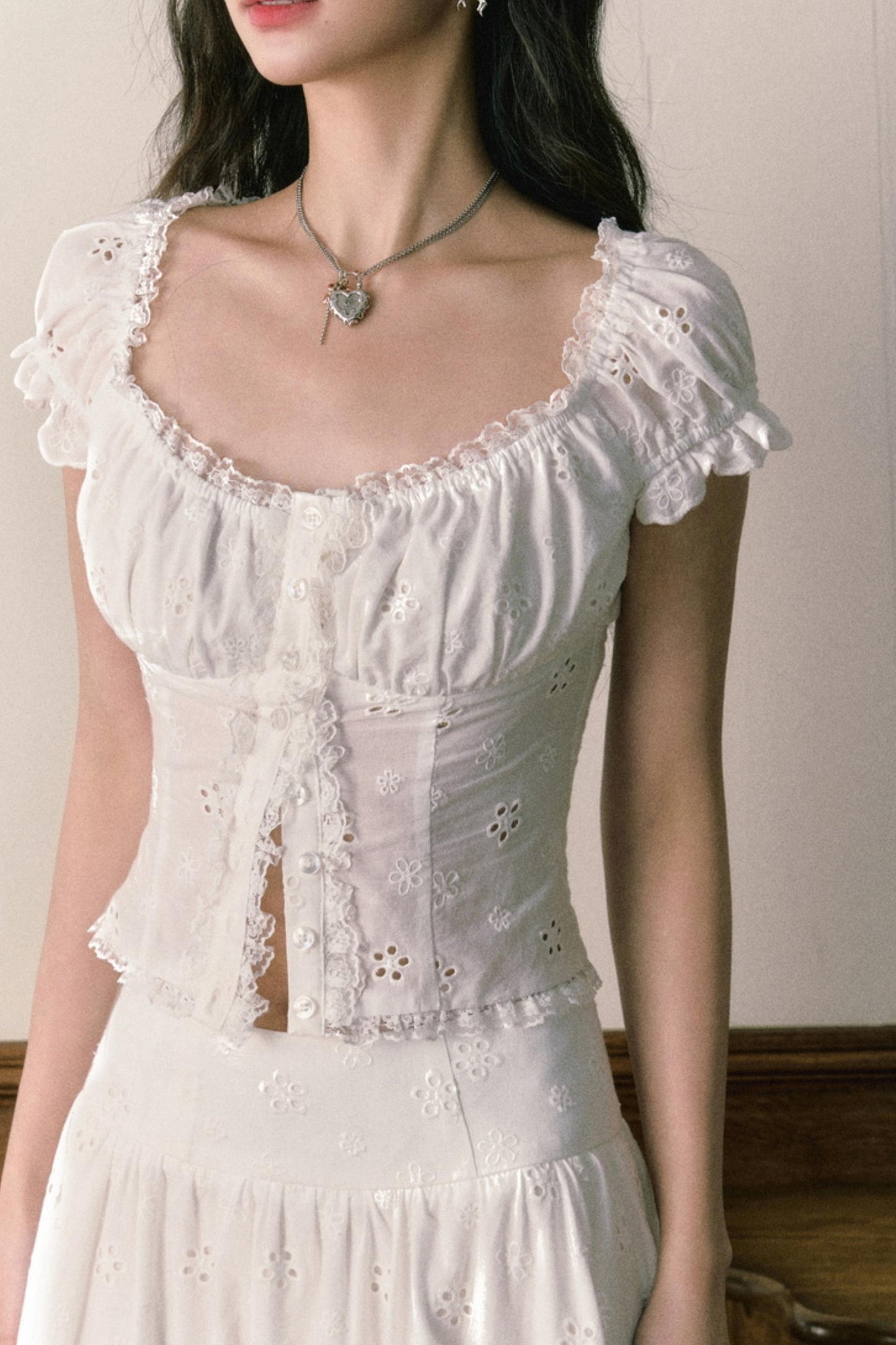 Floral Embroidered Top And Flared Skirt Set-Up