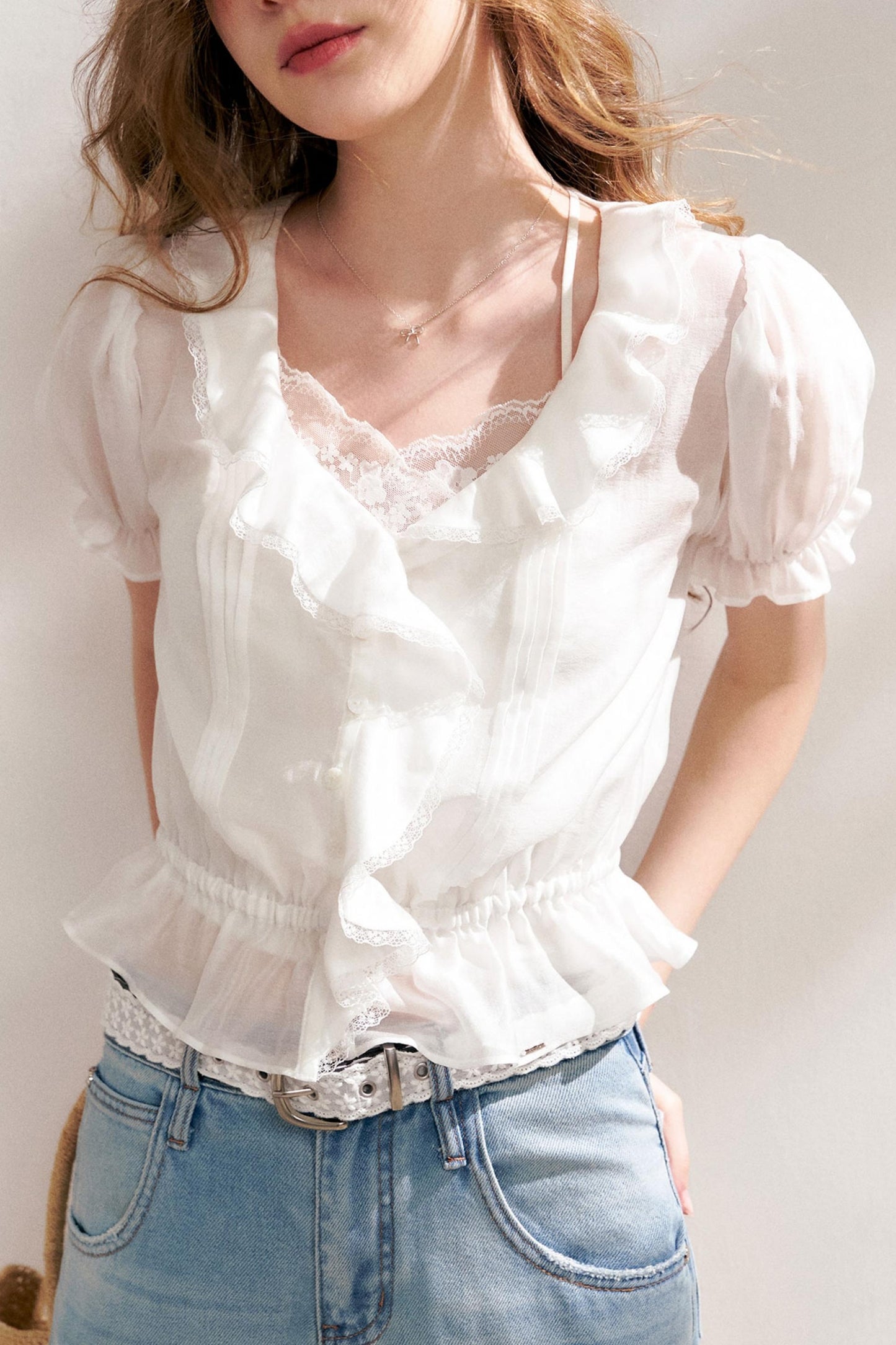 Bubble Sleeve Lace Blouse Set-Up