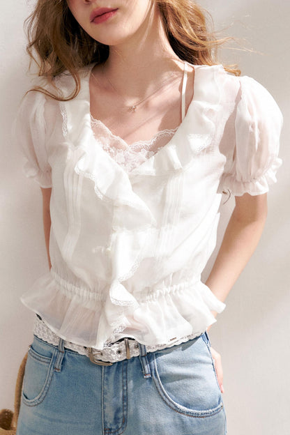 Bubble Sleeve Lace Blouse Set-Up