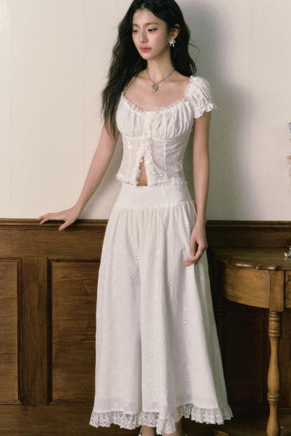 Floral Embroidered Top And Flared Skirt Set-Up