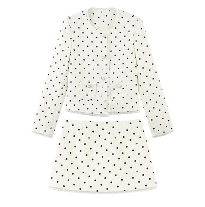 Beige Polka Dot Lace Ensemble Cardigan Set-Up