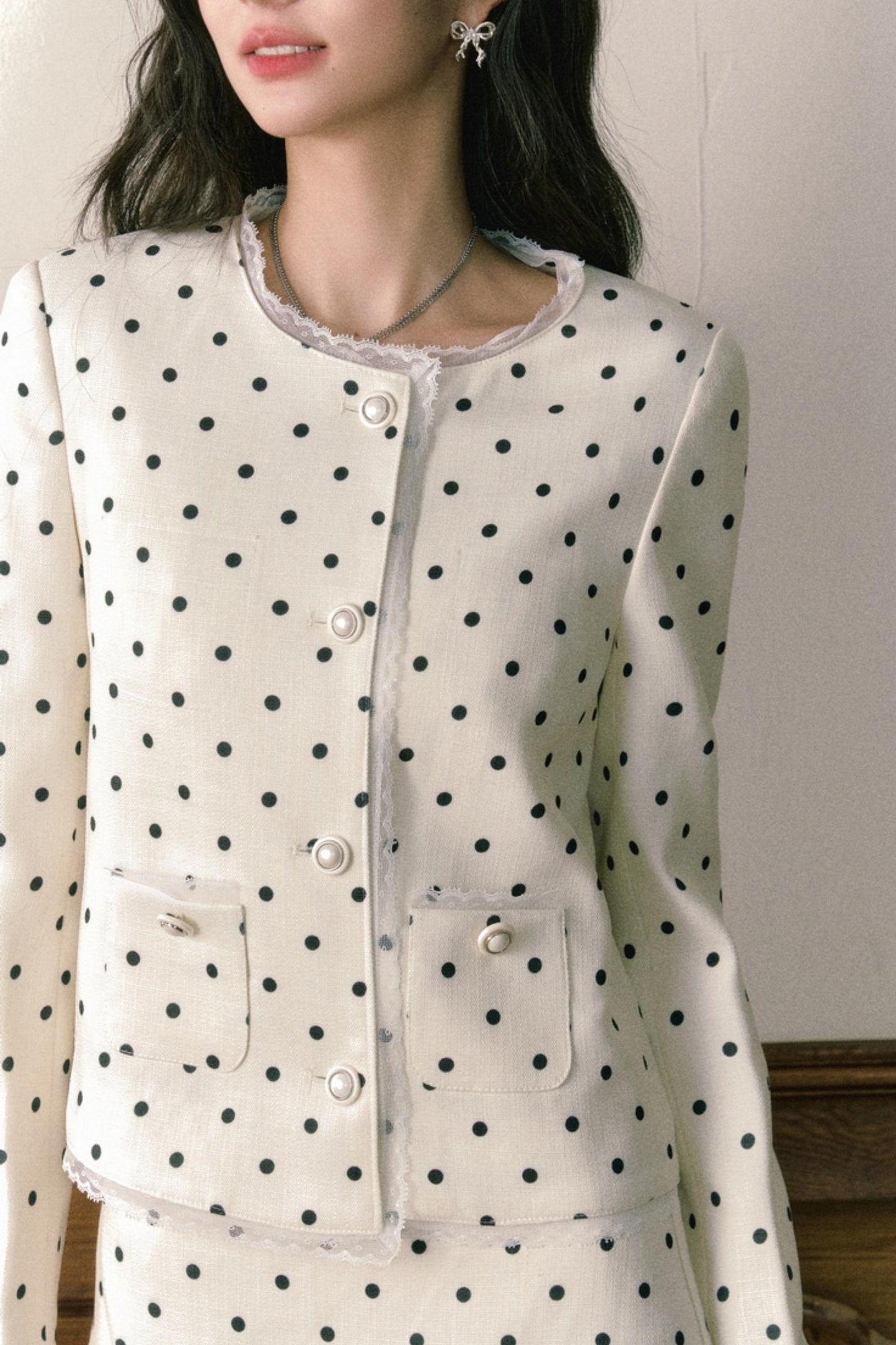 Beige Polka Dot Lace Ensemble Cardigan Set-Up