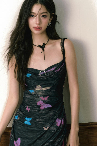 Butterfly Print Halter Dress