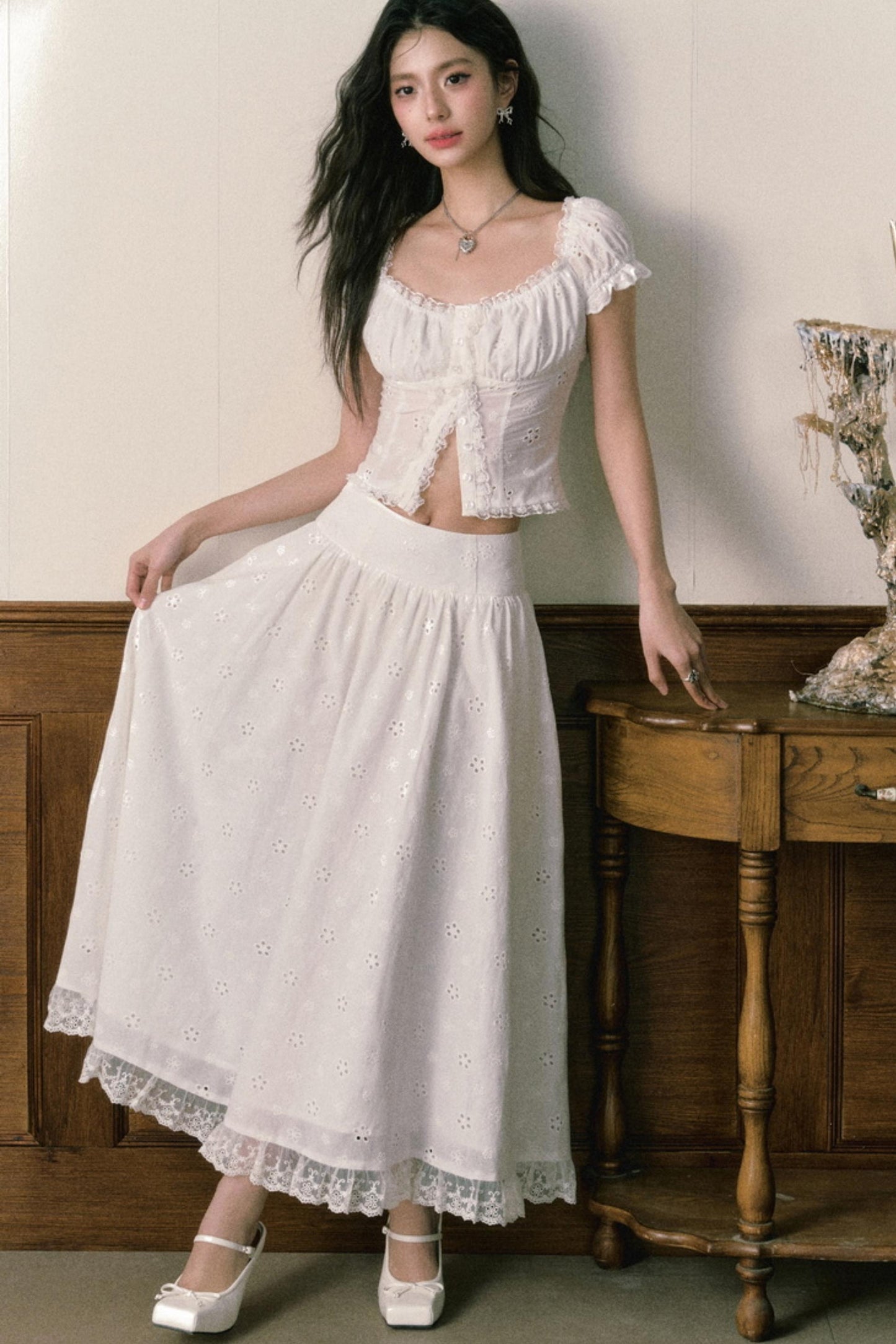 Floral Embroidered Top And Flared Skirt Set-Up